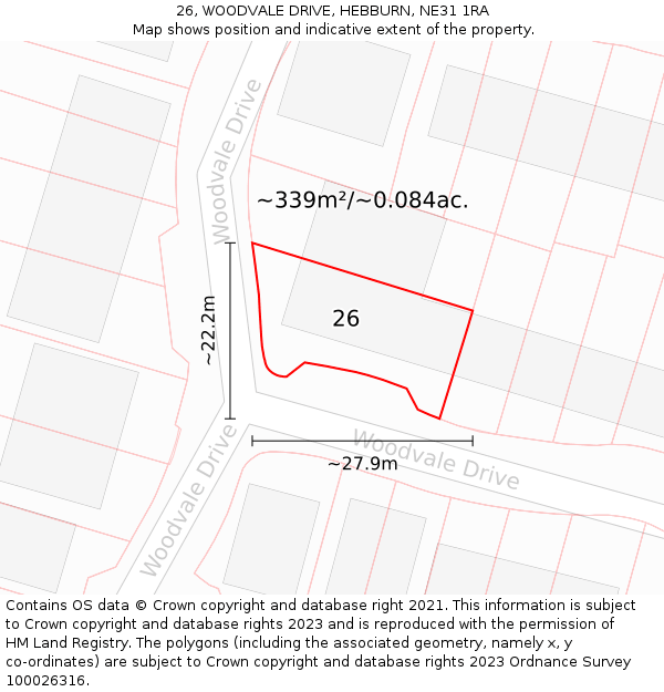 26, WOODVALE DRIVE, HEBBURN, NE31 1RA: Plot and title map