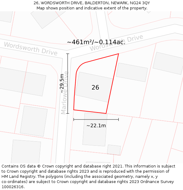 26, WORDSWORTH DRIVE, BALDERTON, NEWARK, NG24 3QY: Plot and title map