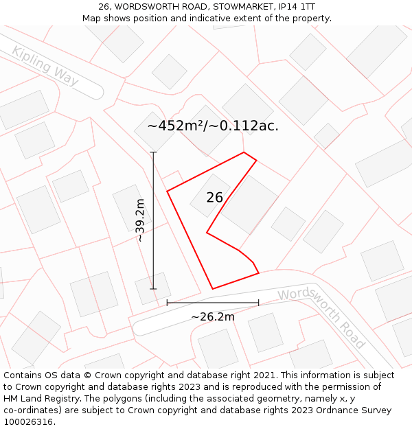 26, WORDSWORTH ROAD, STOWMARKET, IP14 1TT: Plot and title map
