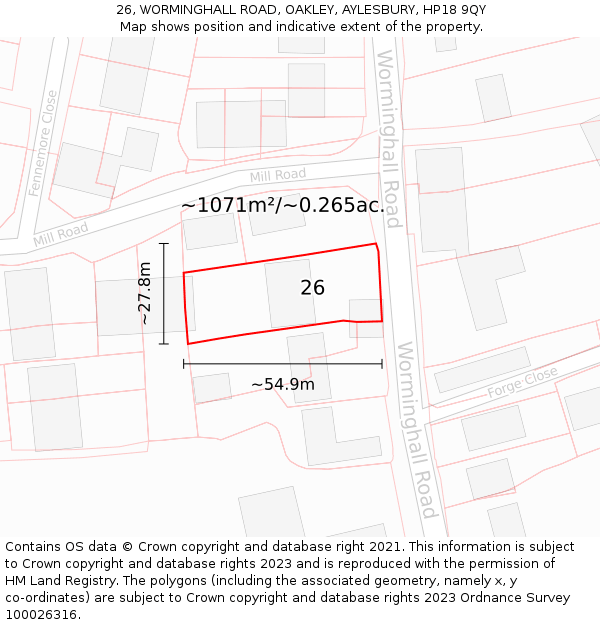 26, WORMINGHALL ROAD, OAKLEY, AYLESBURY, HP18 9QY: Plot and title map