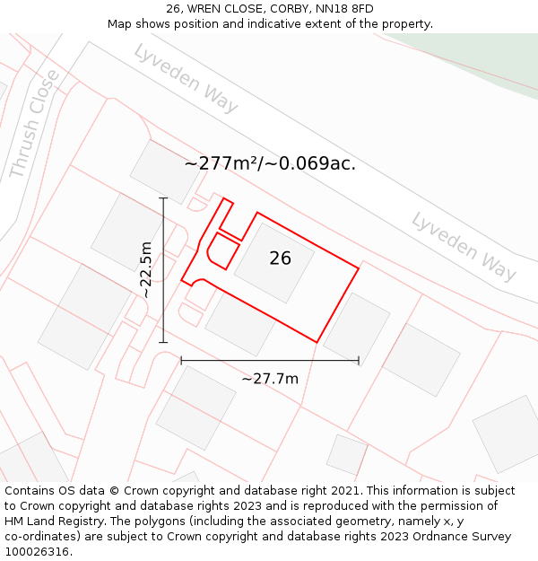 26, WREN CLOSE, CORBY, NN18 8FD: Plot and title map
