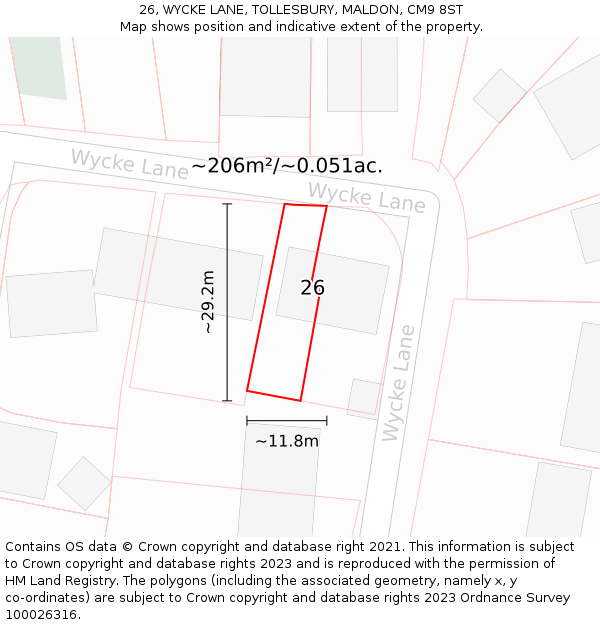 26, WYCKE LANE, TOLLESBURY, MALDON, CM9 8ST: Plot and title map