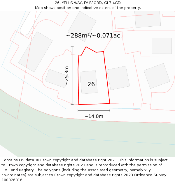 26, YELLS WAY, FAIRFORD, GL7 4GD: Plot and title map