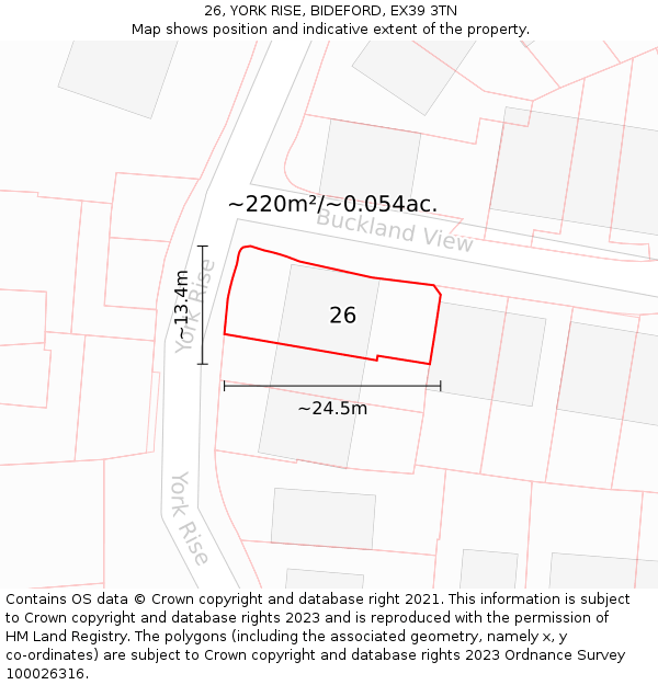 26, YORK RISE, BIDEFORD, EX39 3TN: Plot and title map