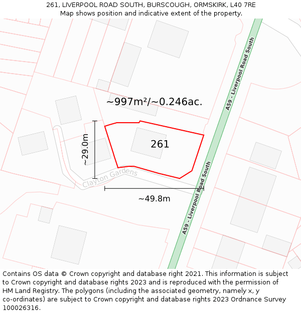 261, LIVERPOOL ROAD SOUTH, BURSCOUGH, ORMSKIRK, L40 7RE: Plot and title map