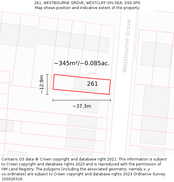 261, WESTBOURNE GROVE, WESTCLIFF-ON-SEA, SS0 0PS: Plot and title map