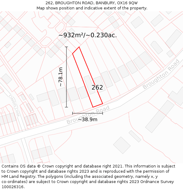 262, BROUGHTON ROAD, BANBURY, OX16 9QW: Plot and title map