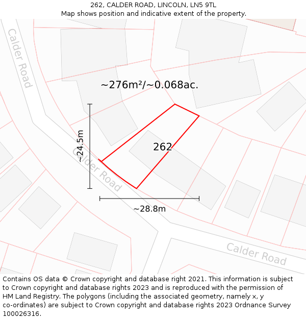 262, CALDER ROAD, LINCOLN, LN5 9TL: Plot and title map