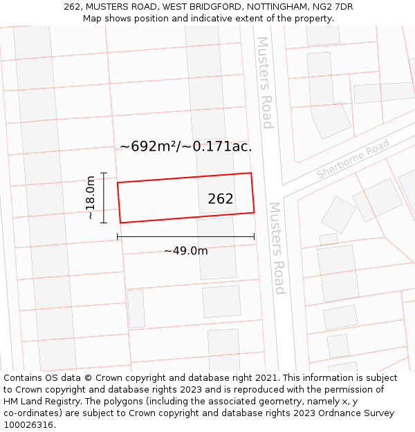 262, MUSTERS ROAD, WEST BRIDGFORD, NOTTINGHAM, NG2 7DR: Plot and title map