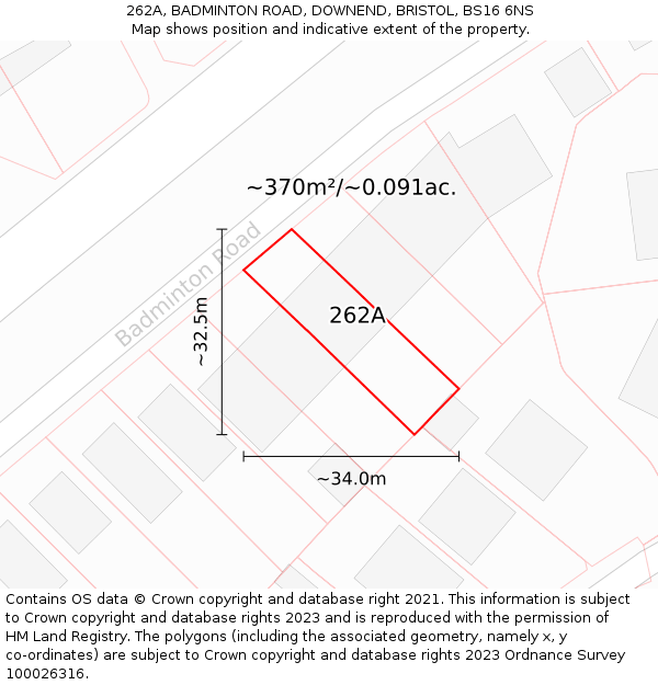 262A, BADMINTON ROAD, DOWNEND, BRISTOL, BS16 6NS: Plot and title map