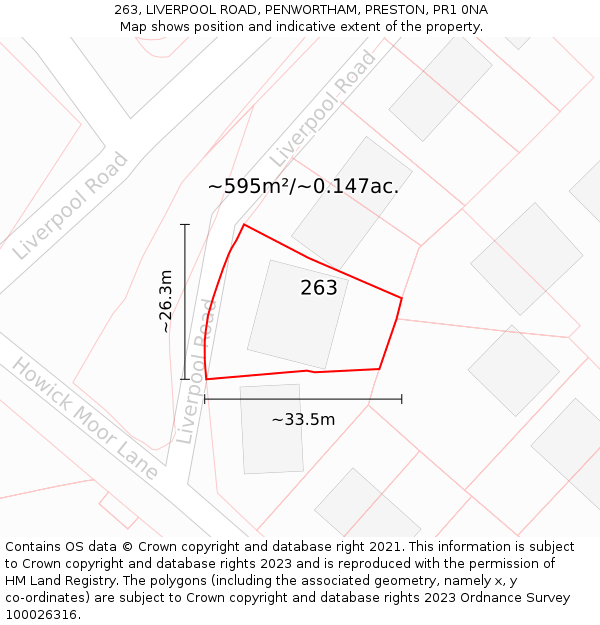 263, LIVERPOOL ROAD, PENWORTHAM, PRESTON, PR1 0NA: Plot and title map