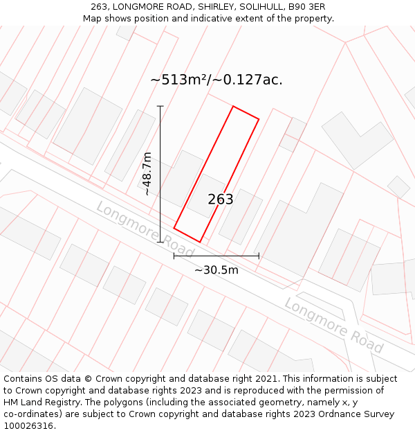 263, LONGMORE ROAD, SHIRLEY, SOLIHULL, B90 3ER: Plot and title map