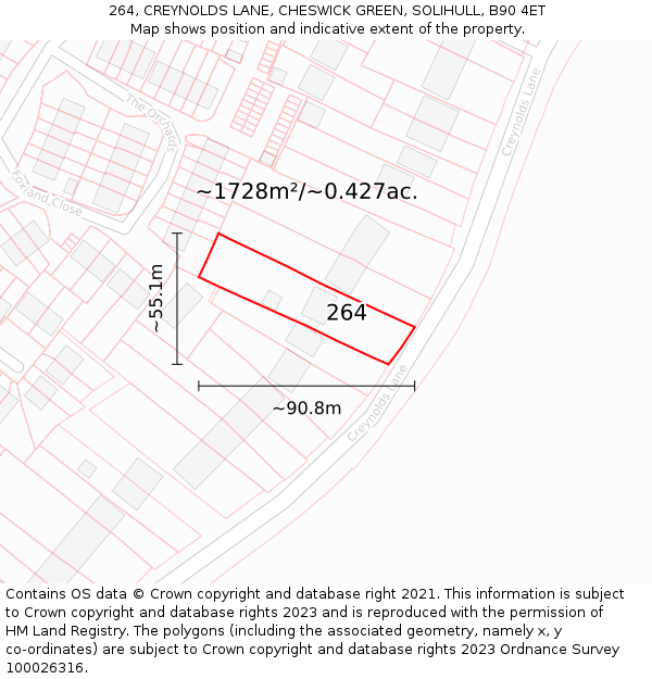 264, CREYNOLDS LANE, CHESWICK GREEN, SOLIHULL, B90 4ET: Plot and title map