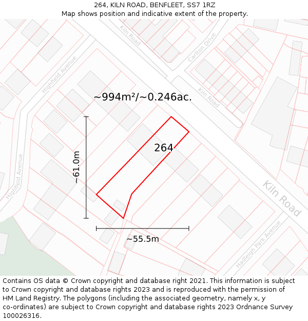 264, KILN ROAD, BENFLEET, SS7 1RZ: Plot and title map