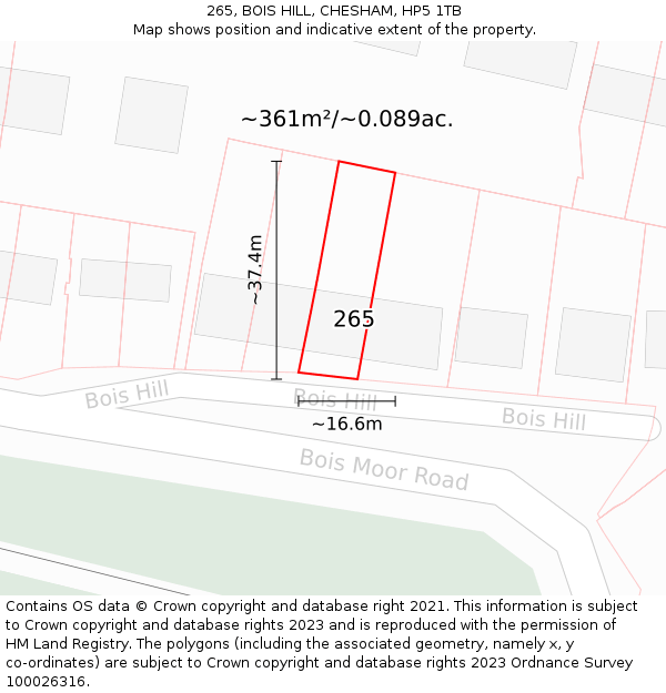 265, BOIS HILL, CHESHAM, HP5 1TB: Plot and title map