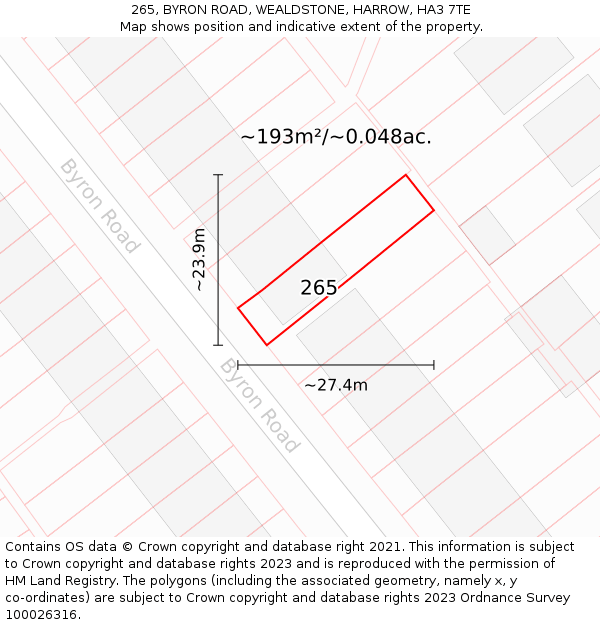 265, BYRON ROAD, WEALDSTONE, HARROW, HA3 7TE: Plot and title map