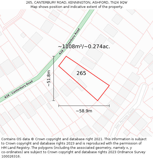 265, CANTERBURY ROAD, KENNINGTON, ASHFORD, TN24 9QW: Plot and title map