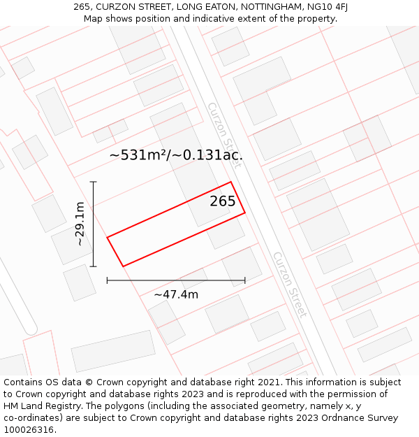 265, CURZON STREET, LONG EATON, NOTTINGHAM, NG10 4FJ: Plot and title map