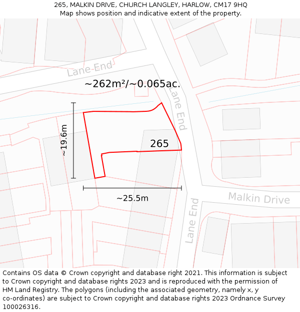 265, MALKIN DRIVE, CHURCH LANGLEY, HARLOW, CM17 9HQ: Plot and title map