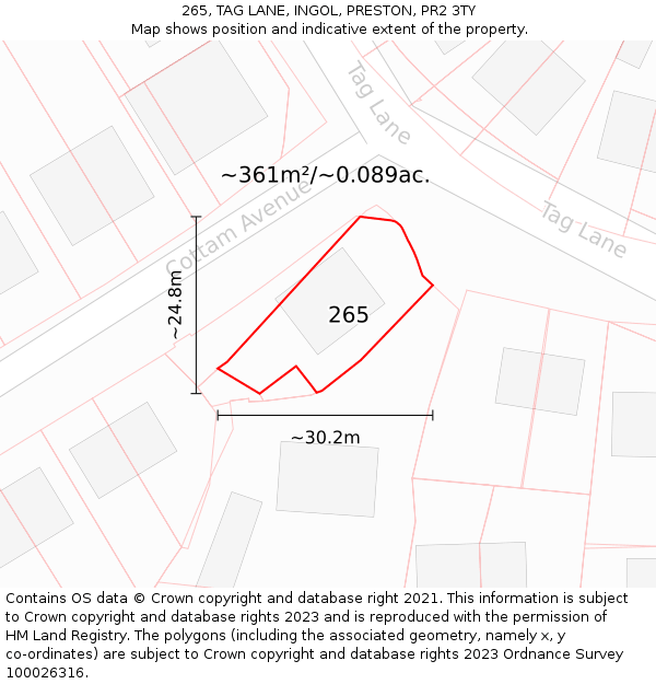 265, TAG LANE, INGOL, PRESTON, PR2 3TY: Plot and title map