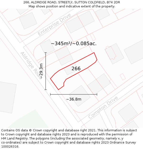 266, ALDRIDGE ROAD, STREETLY, SUTTON COLDFIELD, B74 2DR: Plot and title map