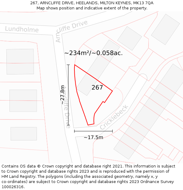 267, ARNCLIFFE DRIVE, HEELANDS, MILTON KEYNES, MK13 7QA: Plot and title map