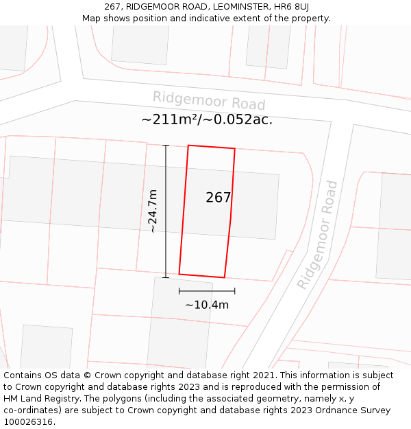 267, RIDGEMOOR ROAD, LEOMINSTER, HR6 8UJ: Plot and title map