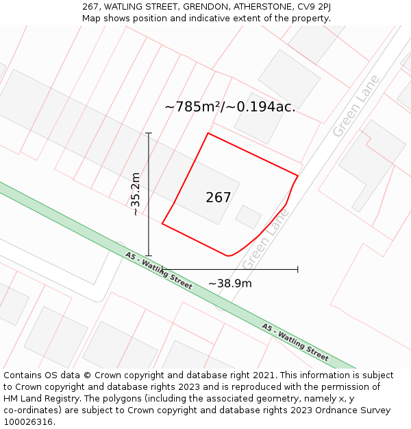 267, WATLING STREET, GRENDON, ATHERSTONE, CV9 2PJ: Plot and title map