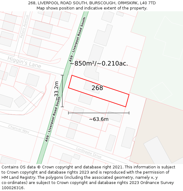 268, LIVERPOOL ROAD SOUTH, BURSCOUGH, ORMSKIRK, L40 7TD: Plot and title map