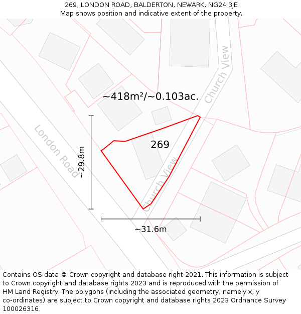269, LONDON ROAD, BALDERTON, NEWARK, NG24 3JE: Plot and title map