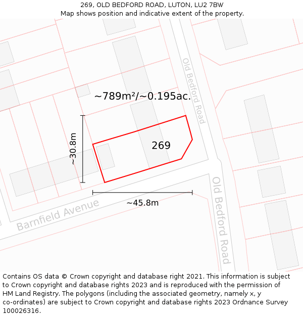 269, OLD BEDFORD ROAD, LUTON, LU2 7BW: Plot and title map