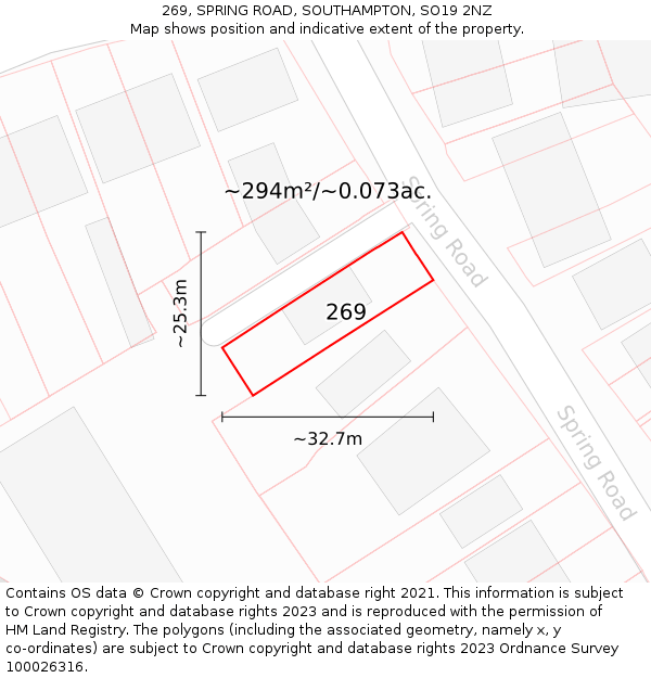 269, SPRING ROAD, SOUTHAMPTON, SO19 2NZ: Plot and title map