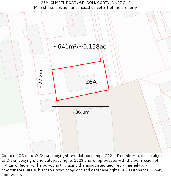 26A, CHAPEL ROAD, WELDON, CORBY, NN17 3HP: Plot and title map