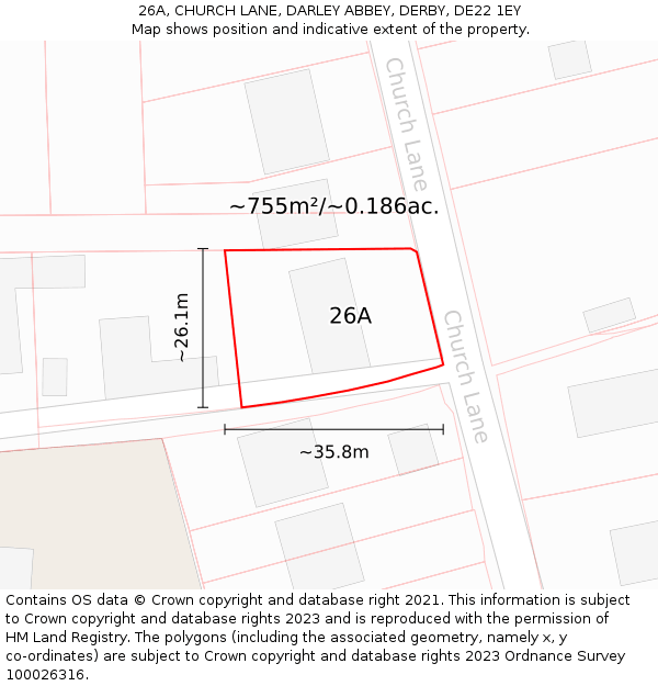 26A, CHURCH LANE, DARLEY ABBEY, DERBY, DE22 1EY: Plot and title map