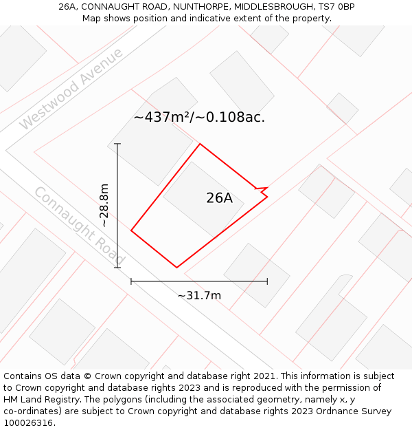 26A, CONNAUGHT ROAD, NUNTHORPE, MIDDLESBROUGH, TS7 0BP: Plot and title map