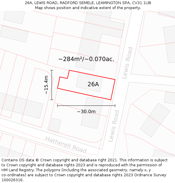 26A, LEWIS ROAD, RADFORD SEMELE, LEAMINGTON SPA, CV31 1UB: Plot and title map