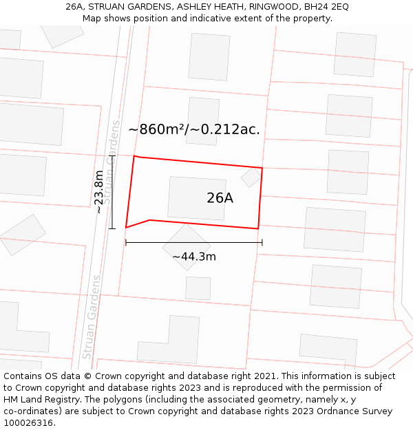 26A, STRUAN GARDENS, ASHLEY HEATH, RINGWOOD, BH24 2EQ: Plot and title map