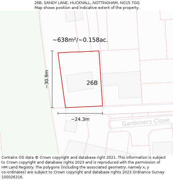 26B, SANDY LANE, HUCKNALL, NOTTINGHAM, NG15 7GQ: Plot and title map