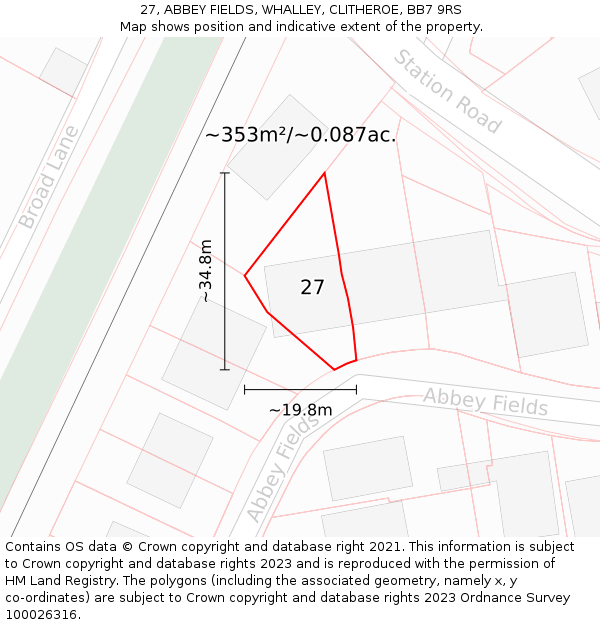 27, ABBEY FIELDS, WHALLEY, CLITHEROE, BB7 9RS: Plot and title map