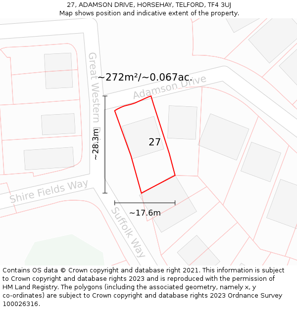 27, ADAMSON DRIVE, HORSEHAY, TELFORD, TF4 3UJ: Plot and title map