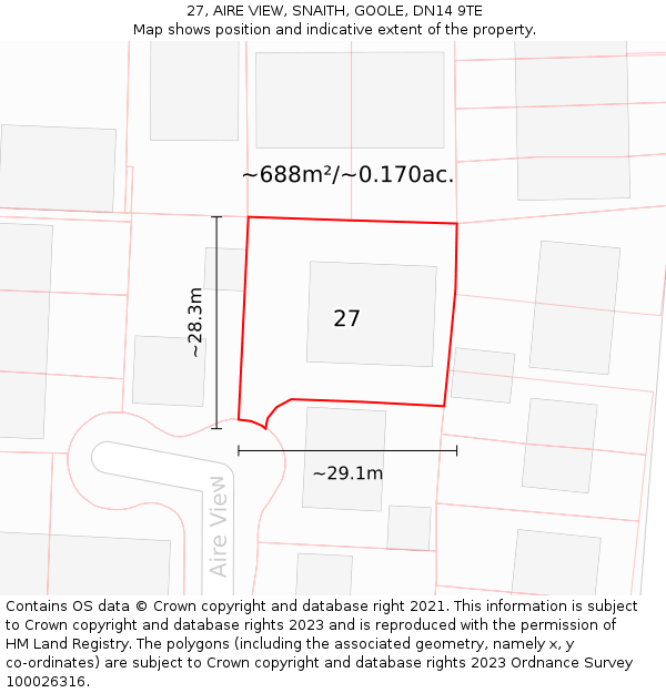 27, AIRE VIEW, SNAITH, GOOLE, DN14 9TE: Plot and title map