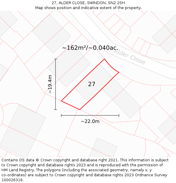 27, ALDER CLOSE, SWINDON, SN2 2SH: Plot and title map