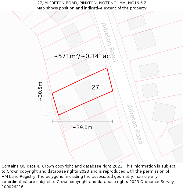 27, ALFRETON ROAD, PINXTON, NOTTINGHAM, NG16 6JZ: Plot and title map