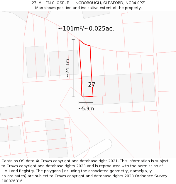 27, ALLEN CLOSE, BILLINGBOROUGH, SLEAFORD, NG34 0PZ: Plot and title map