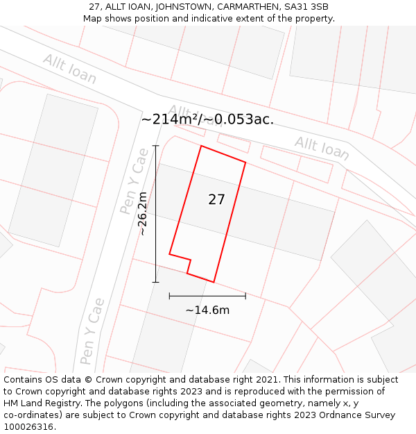 27, ALLT IOAN, JOHNSTOWN, CARMARTHEN, SA31 3SB: Plot and title map