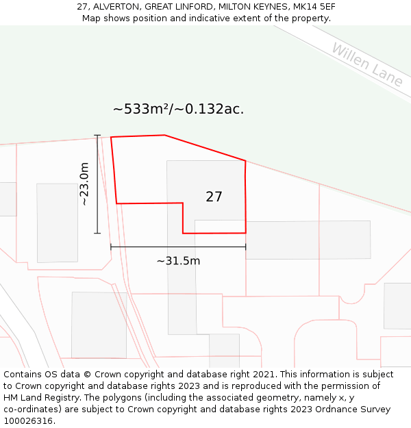 27, ALVERTON, GREAT LINFORD, MILTON KEYNES, MK14 5EF: Plot and title map