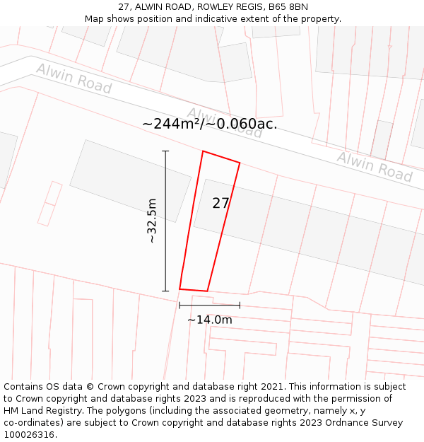 27, ALWIN ROAD, ROWLEY REGIS, B65 8BN: Plot and title map