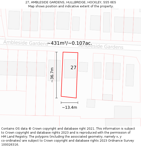 27, AMBLESIDE GARDENS, HULLBRIDGE, HOCKLEY, SS5 6ES: Plot and title map