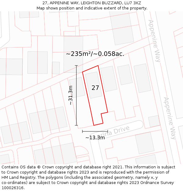 27, APPENINE WAY, LEIGHTON BUZZARD, LU7 3XZ: Plot and title map