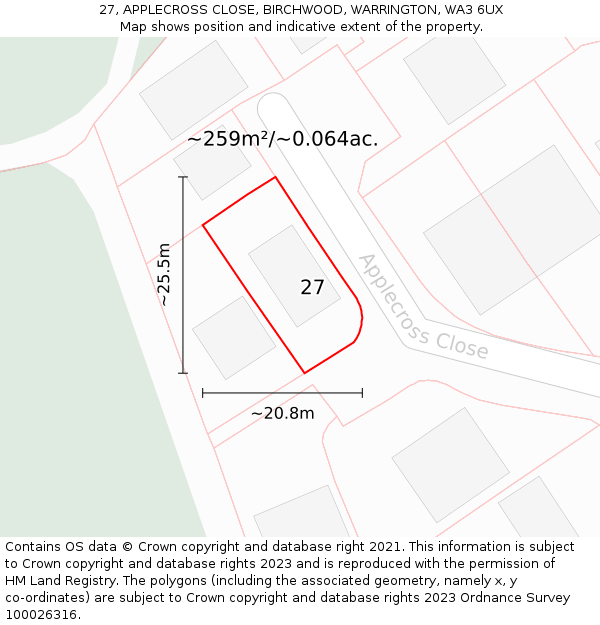 27, APPLECROSS CLOSE, BIRCHWOOD, WARRINGTON, WA3 6UX: Plot and title map